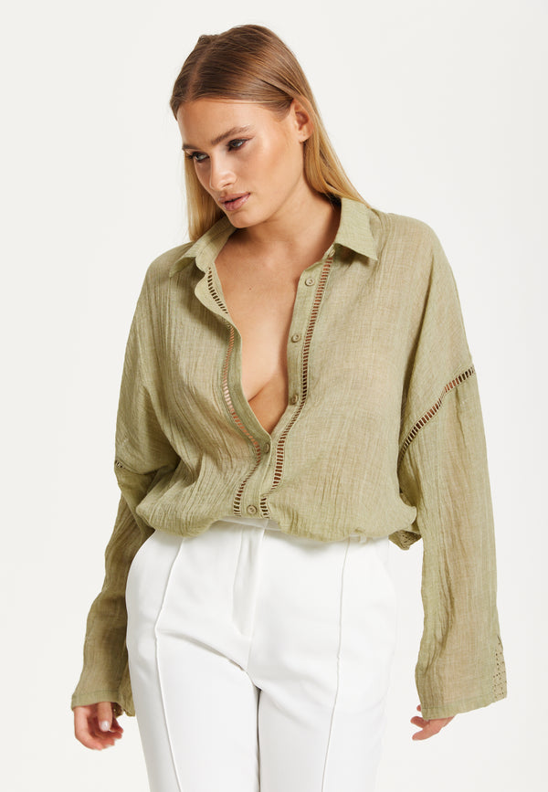 Liquorish Khaki Sheer Relaxed Fit Shirt