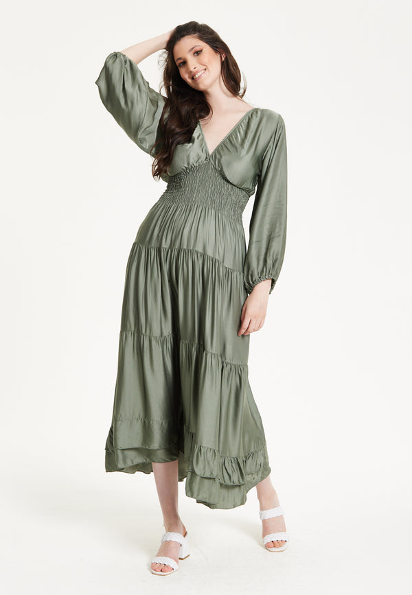 Liquorish Khaki Shirred Waist Satin Maxi Dress
