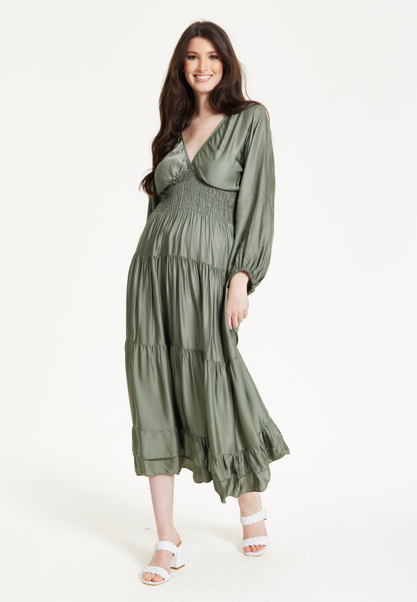 Liquorish Khaki Shirred Waist Satin Maxi Dress
