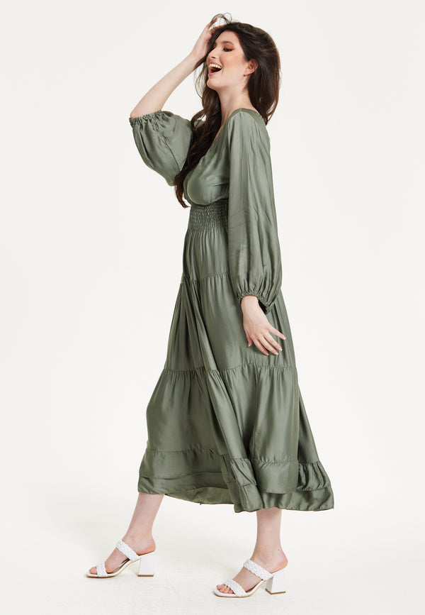 Liquorish Khaki Shirred Waist Satin Maxi Dress