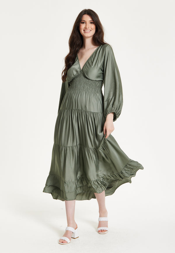 Liquorish Khaki Shirred Waist Satin Maxi Dress
