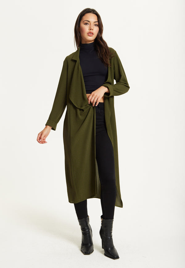 Liquorish Khaki Waterfall Duster Coat
