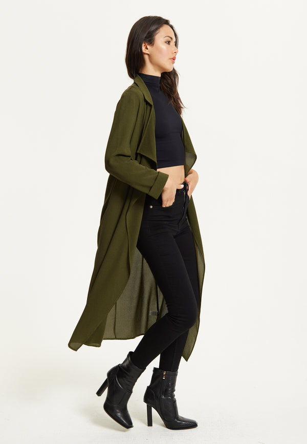 Liquorish Khaki Waterfall Duster Coat