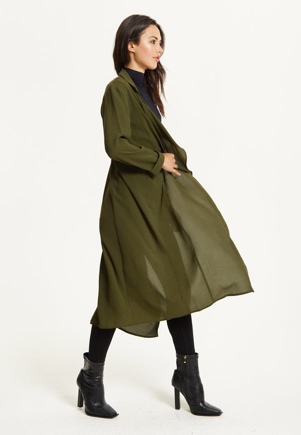 Liquorish Khaki Waterfall Duster Coat