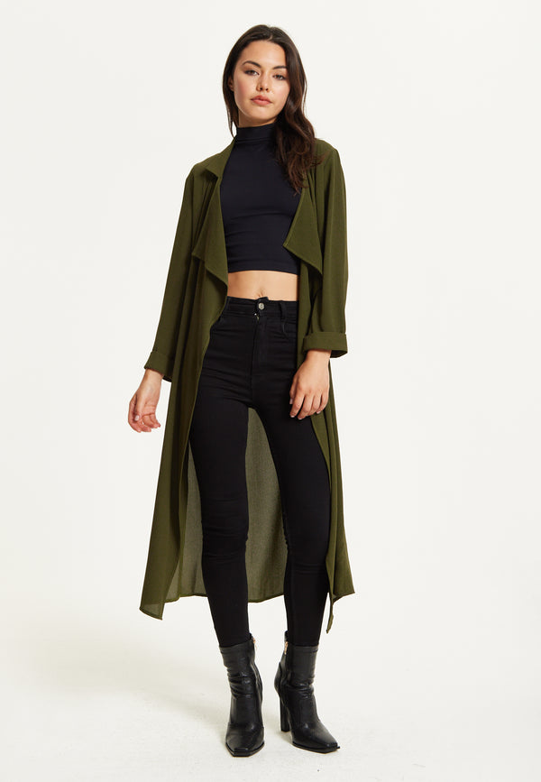 Liquorish Khaki Waterfall Duster Coat
