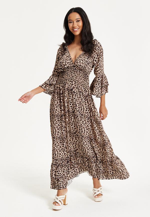 Liquorish Leopard Print Flared Sleeve Maxi Dress