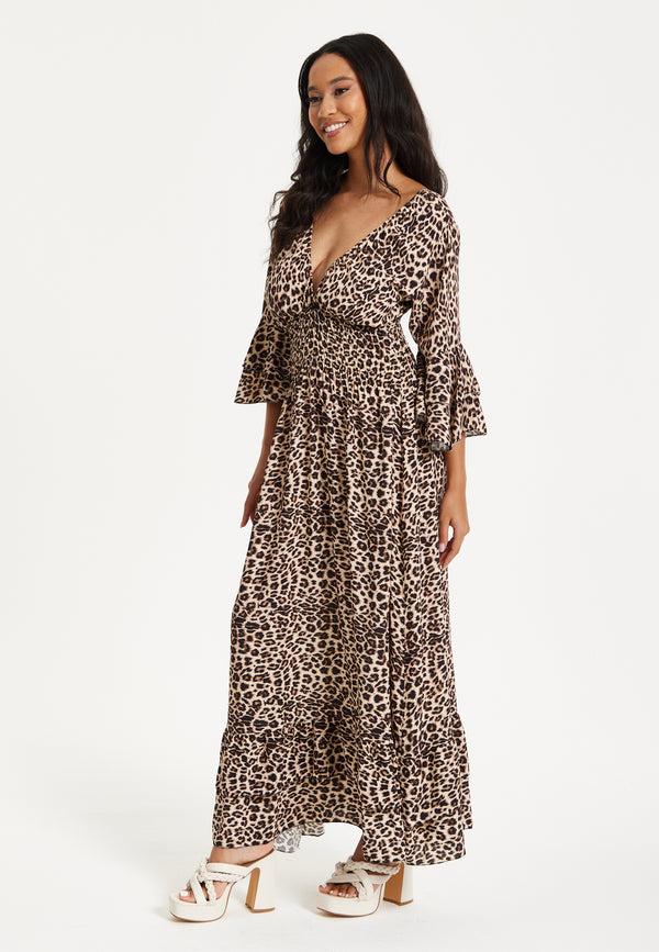 Liquorish Leopard Print Flared Sleeve Maxi Dress