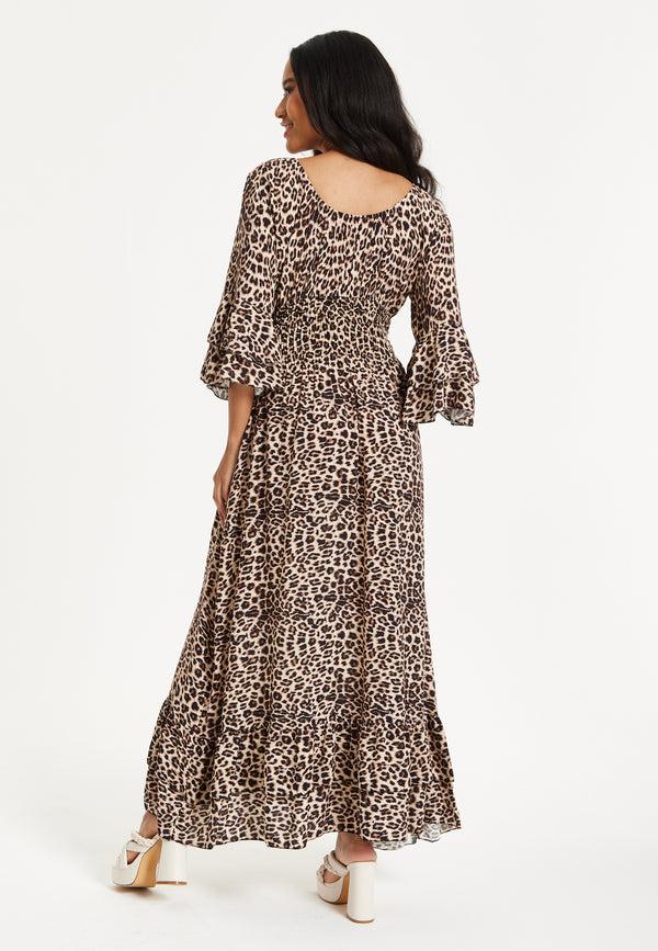 Liquorish Leopard Print Flared Sleeve Maxi Dress
