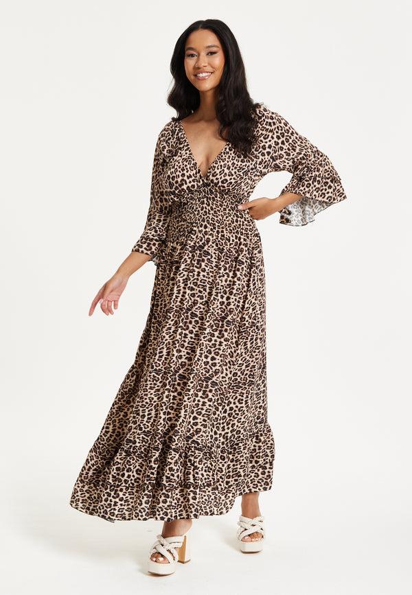 Liquorish Leopard Print Flared Sleeve Maxi Dress
