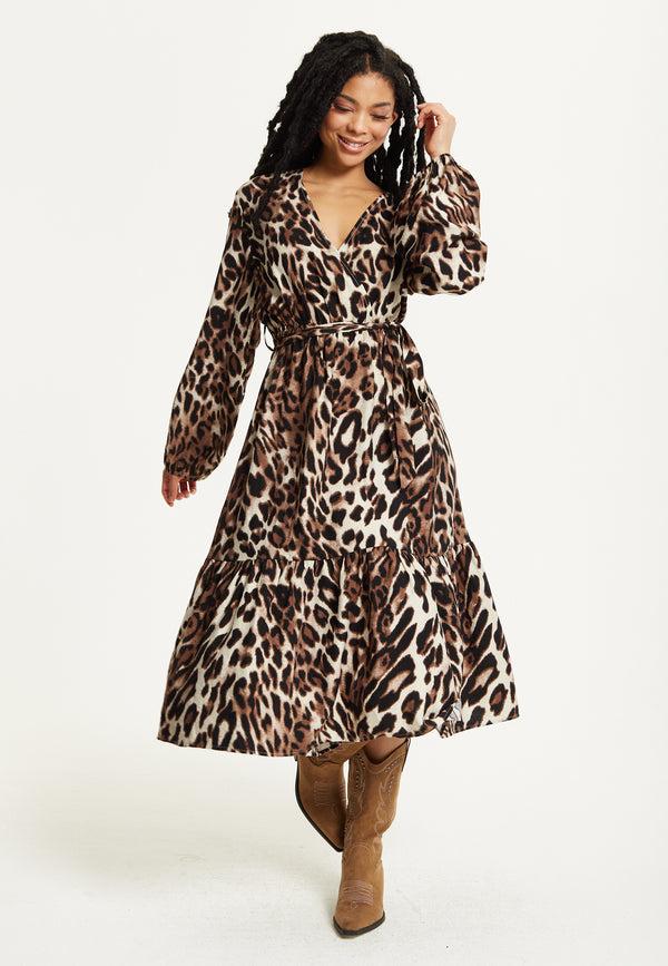 Liquorish Leopard Print Long Sleeve Midi Dress