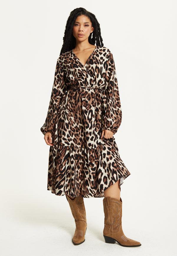 Liquorish Leopard Print Long Sleeve Midi Dress