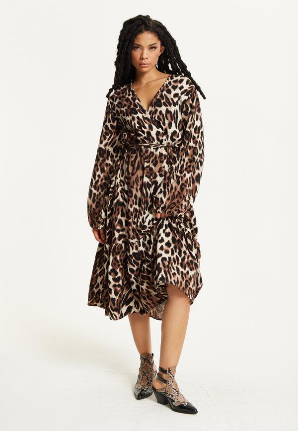 Liquorish Leopard Print Long Sleeve Midi Dress