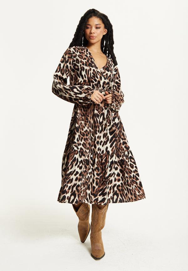 Liquorish Leopard Print Long Sleeve Midi Dress