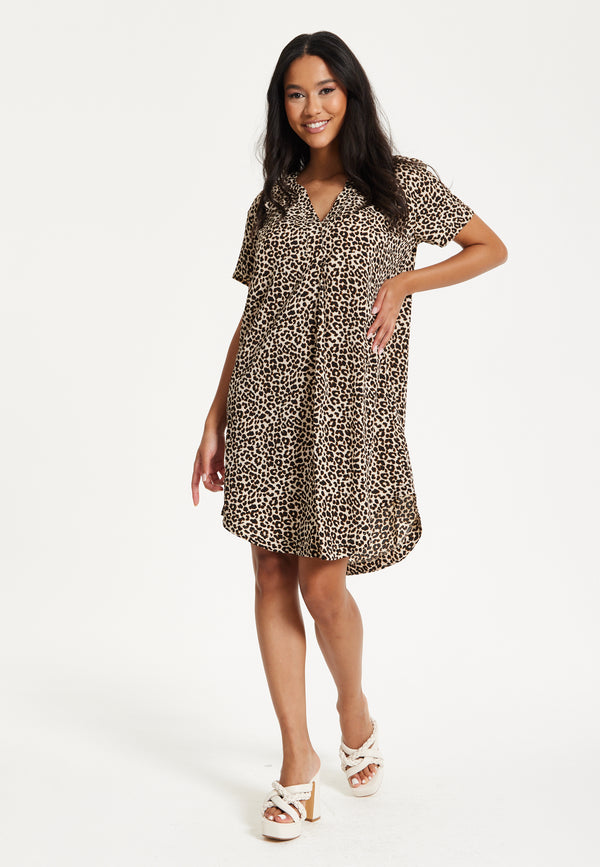 Liquorish Leopard Print V-Neck Shirt Dress