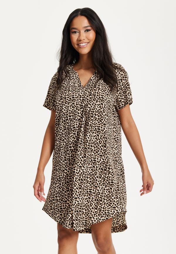 Liquorish Leopard Print V-Neck Shirt Dress
