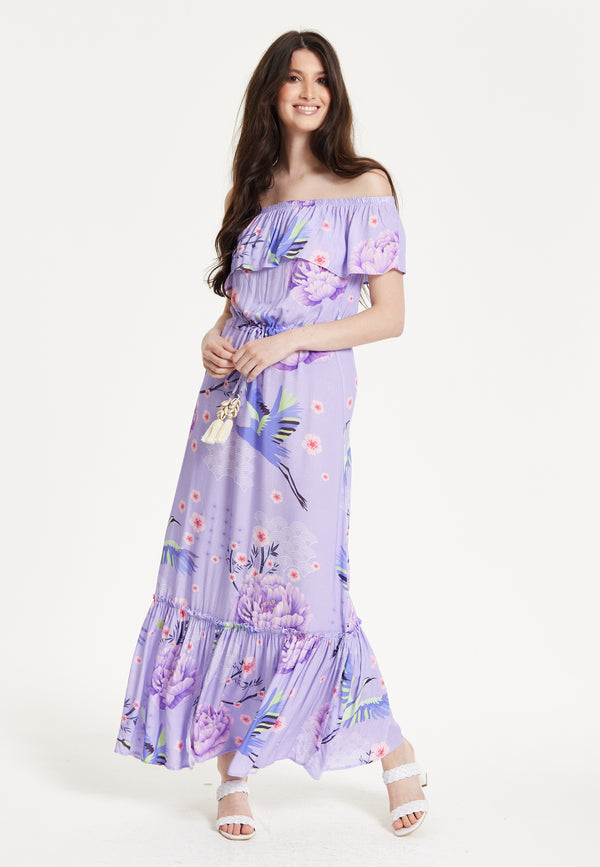 Liquorish Lilac Floral Off Shoulder Maxi Dress