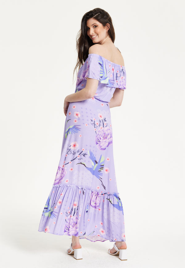 Liquorish Lilac Floral Off Shoulder Maxi Dress