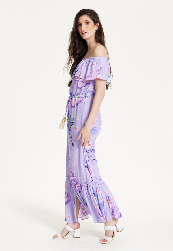 Liquorish Lilac Floral Off Shoulder Maxi Dress