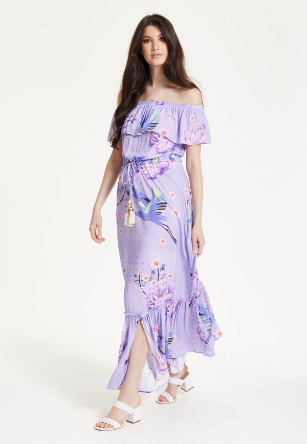 Liquorish Lilac Floral Off Shoulder Maxi Dress