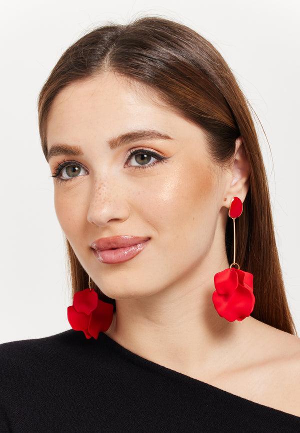Liquorish Long Flower Petal Dangle Earrings In Red