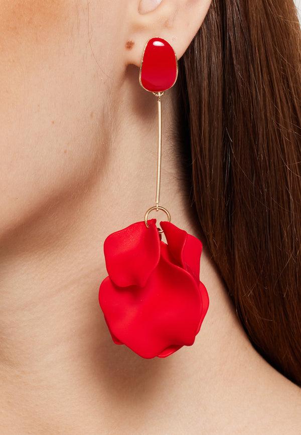 Liquorish Long Flower Petal Dangle Earrings In Red