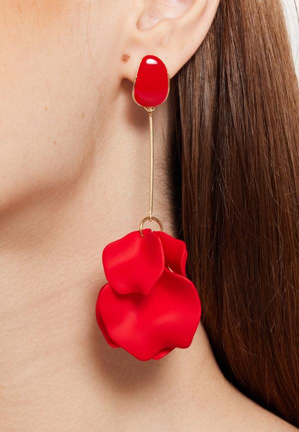 Liquorish Long Flower Petal Dangle Earrings In Red