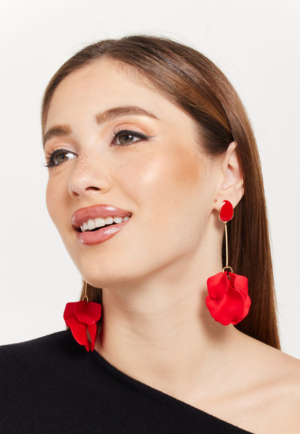 Liquorish Long Flower Petal Dangle Earrings in Red