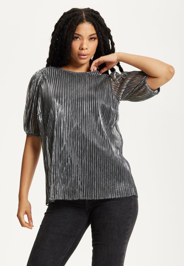 Liquorish Metallic Pleated Puff Sleeve Top