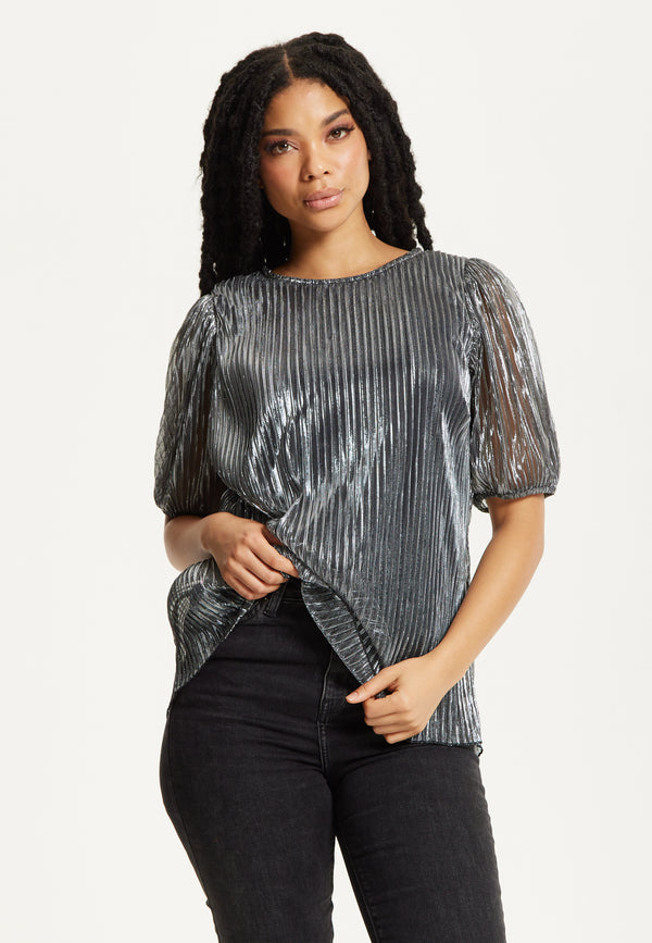 Liquorish Metallic Pleated Puff Sleeve Top