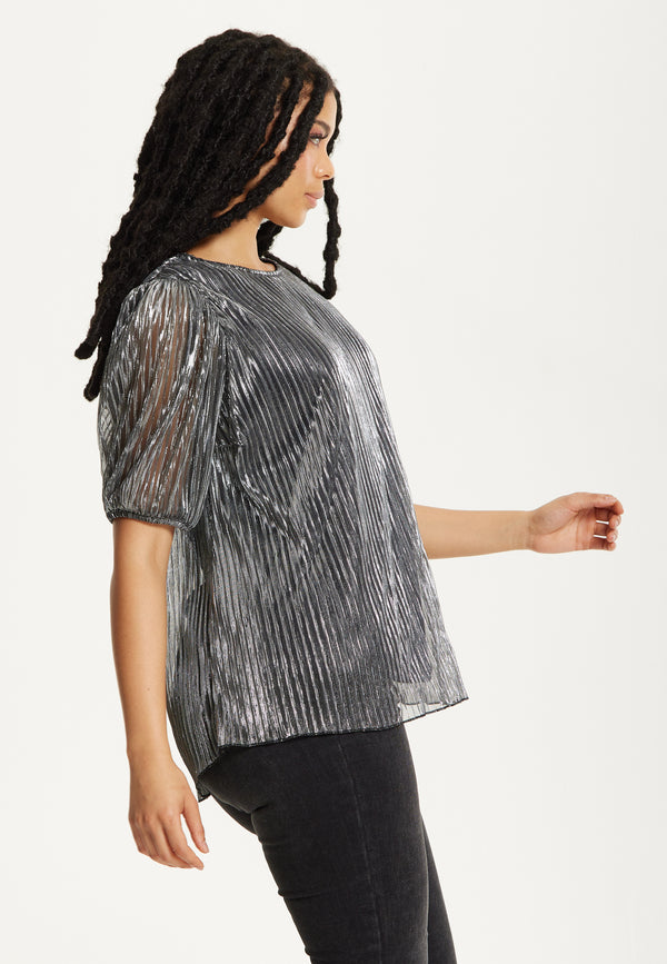 Liquorish Metallic Pleated Puff Sleeve Top