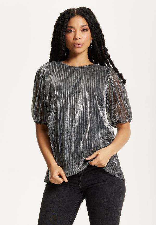 Liquorish Metallic Pleated Puff Sleeve Top