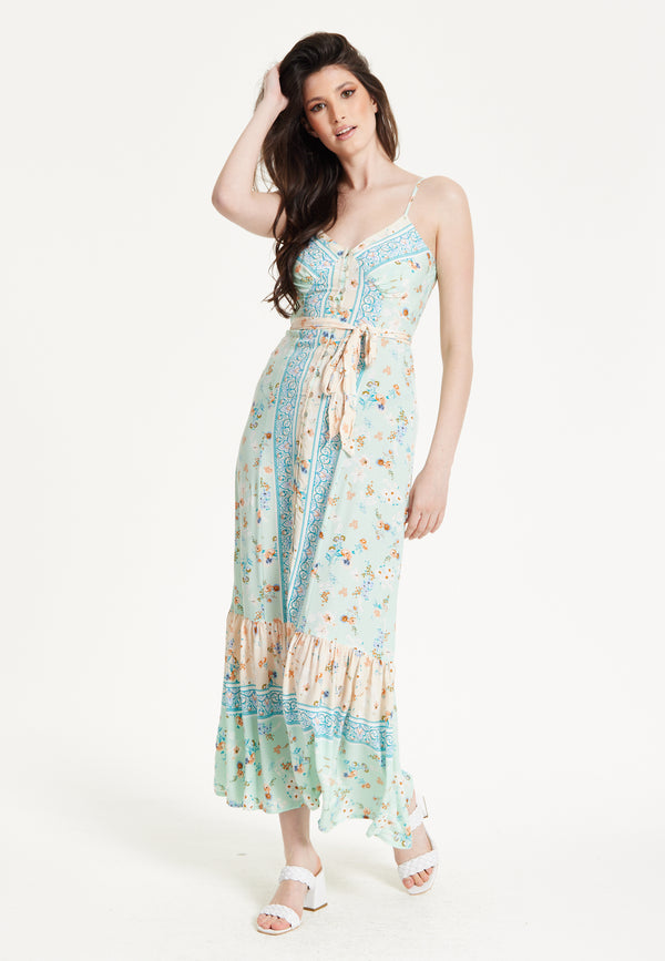 Liquorish Mint Boho Floral Tie Front Maxi Dress