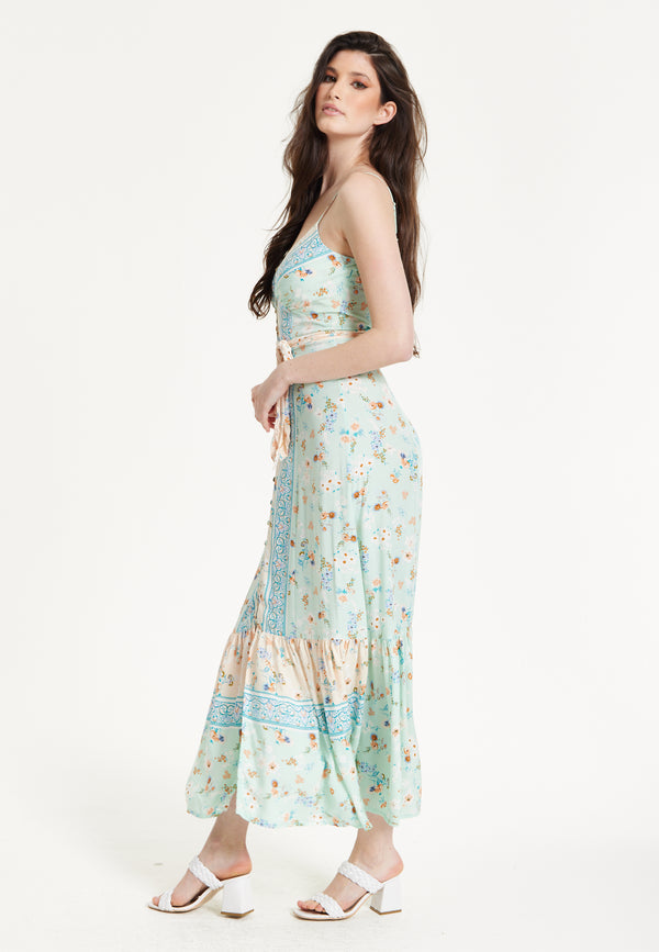 Liquorish Mint Boho Floral Tie Front Maxi Dress