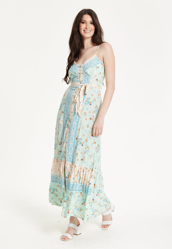 Liquorish Mint Boho Floral Tie Front Maxi Dress