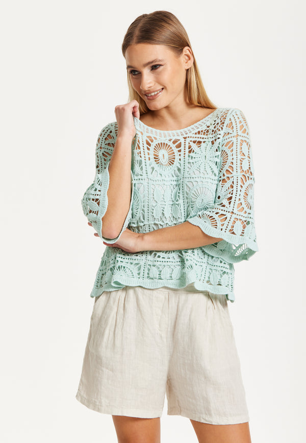 Liquorish Mint Green Knitted Crochet Lace Top