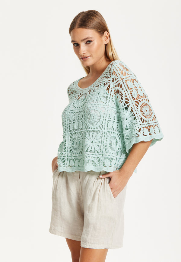 Liquorish Mint Green Knitted Crochet Lace Top