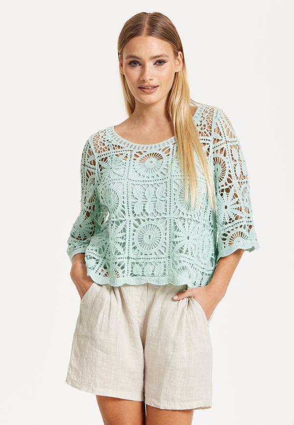 Liquorish Mint Green Knitted Crochet Lace Top