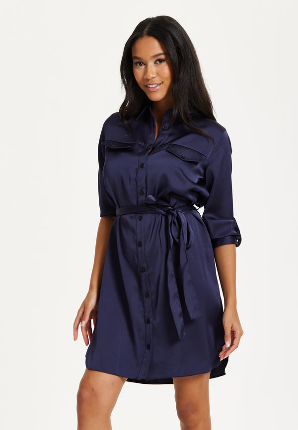 Liquorish Navy Belted Shirt Mini Dress