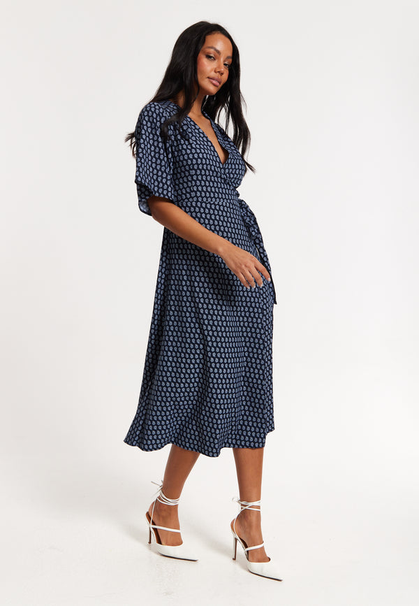 Liquorish Navy Floral Print Kimono Wrap Maxi Dress