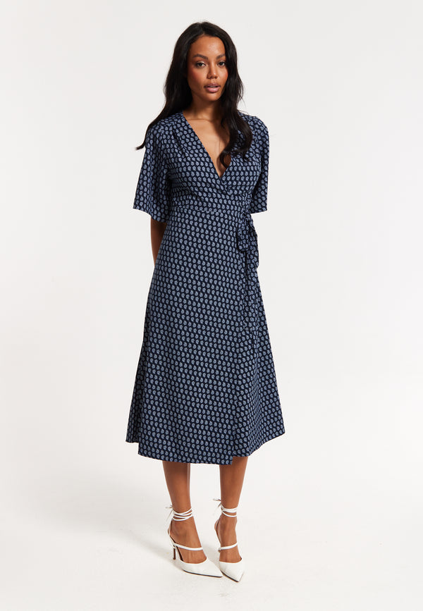 Liquorish Navy Floral Print Kimono Wrap Maxi Dress