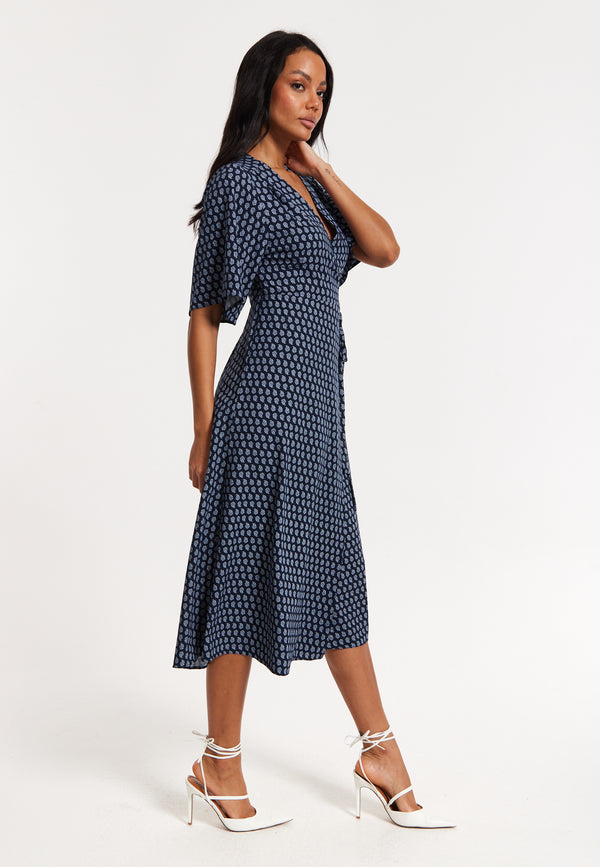 Liquorish Navy Floral Print Kimono Wrap Maxi Dress