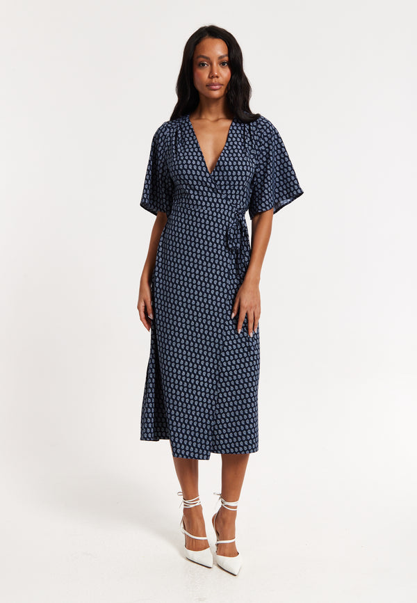 Liquorish Navy Floral Print Kimono Wrap Maxi Dress
