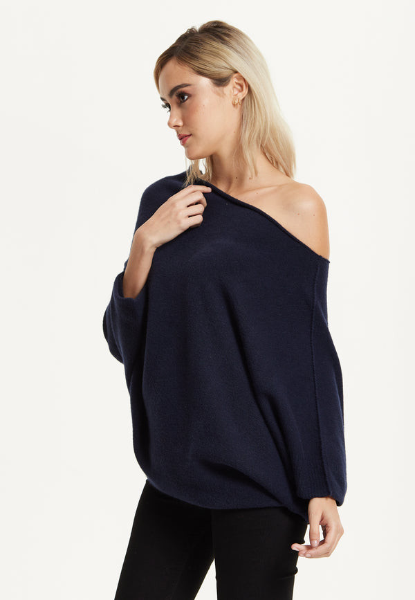 Liquorish Navy Off-Shoulder Knit Poncho Top