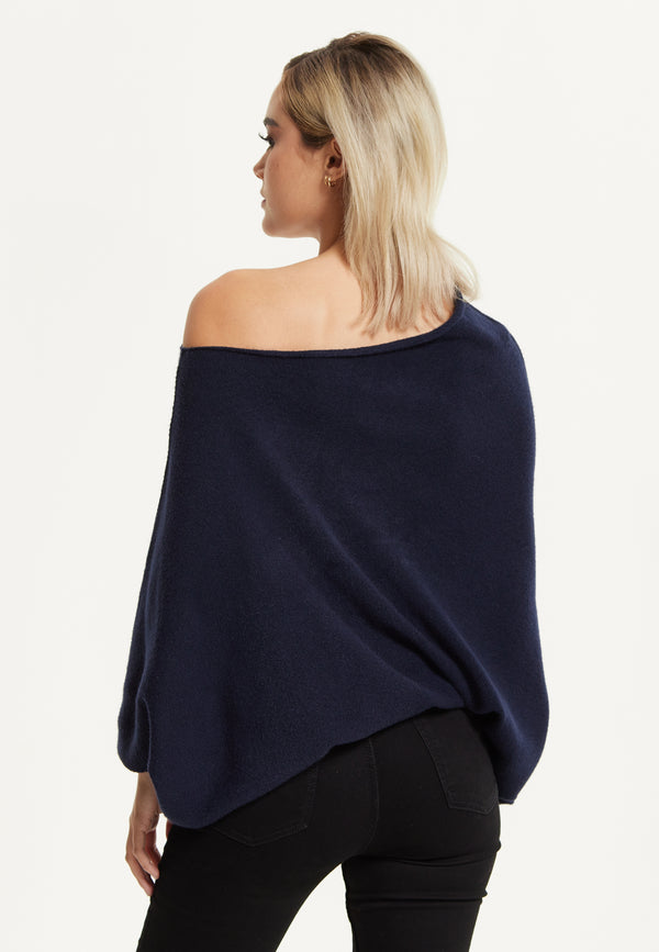 Liquorish Navy Off-Shoulder Knit Poncho Top
