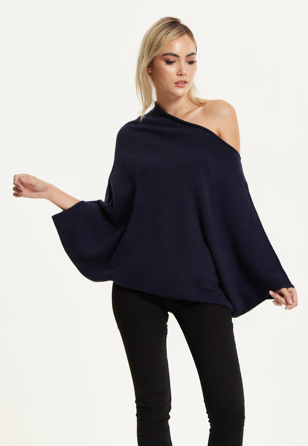 Liquorish Navy Off-Shoulder Knit Poncho Top