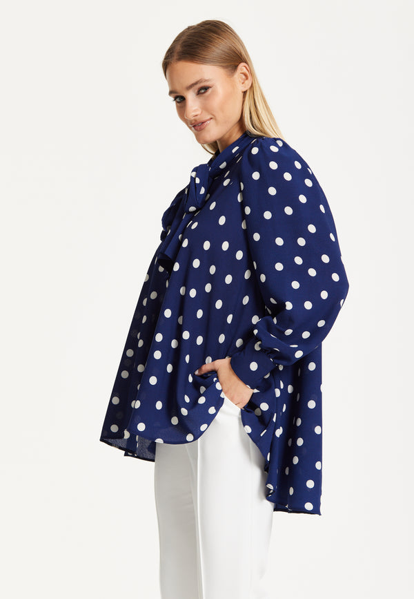 Liquorish Navy Polka Dot Flared Hem Blouse