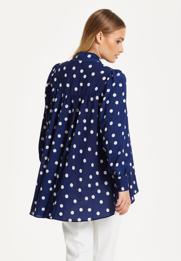 Liquorish Navy Polka Dot Flared Hem Blouse