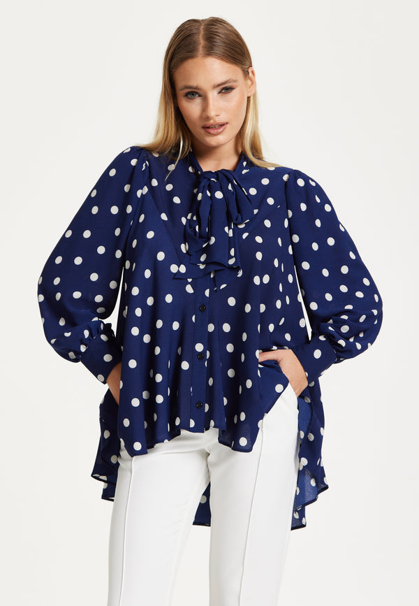 Liquorish Navy Polka Dot Flared Hem Blouse