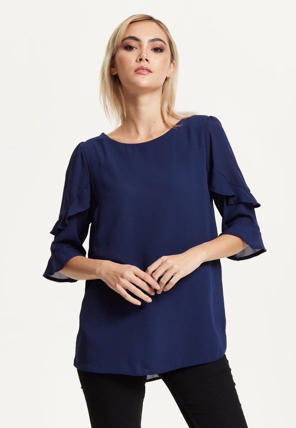 Liquorish Navy Ruffle Sleeve Blouse