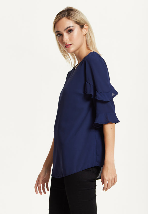 Liquorish Navy Ruffle Sleeve Blouse